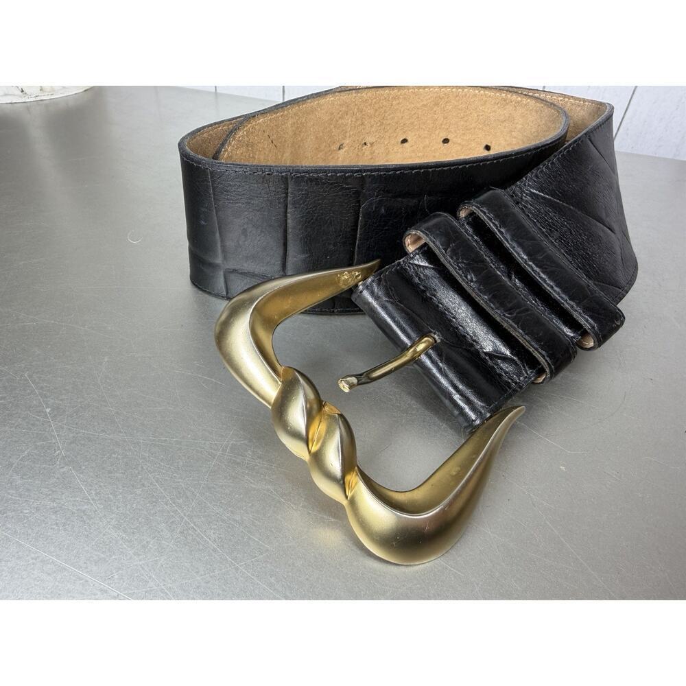 VTG Ellen Tracy Made In Spain Leather Belt Croco Print Black Chunky Small